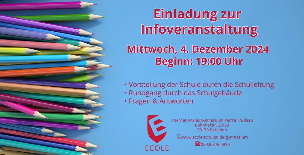 Einladung zur Infoveranstaltung, 4. Dezember 2024, 19:00 Uhr, gestapelte bunte Stifte, Schule Ecole.