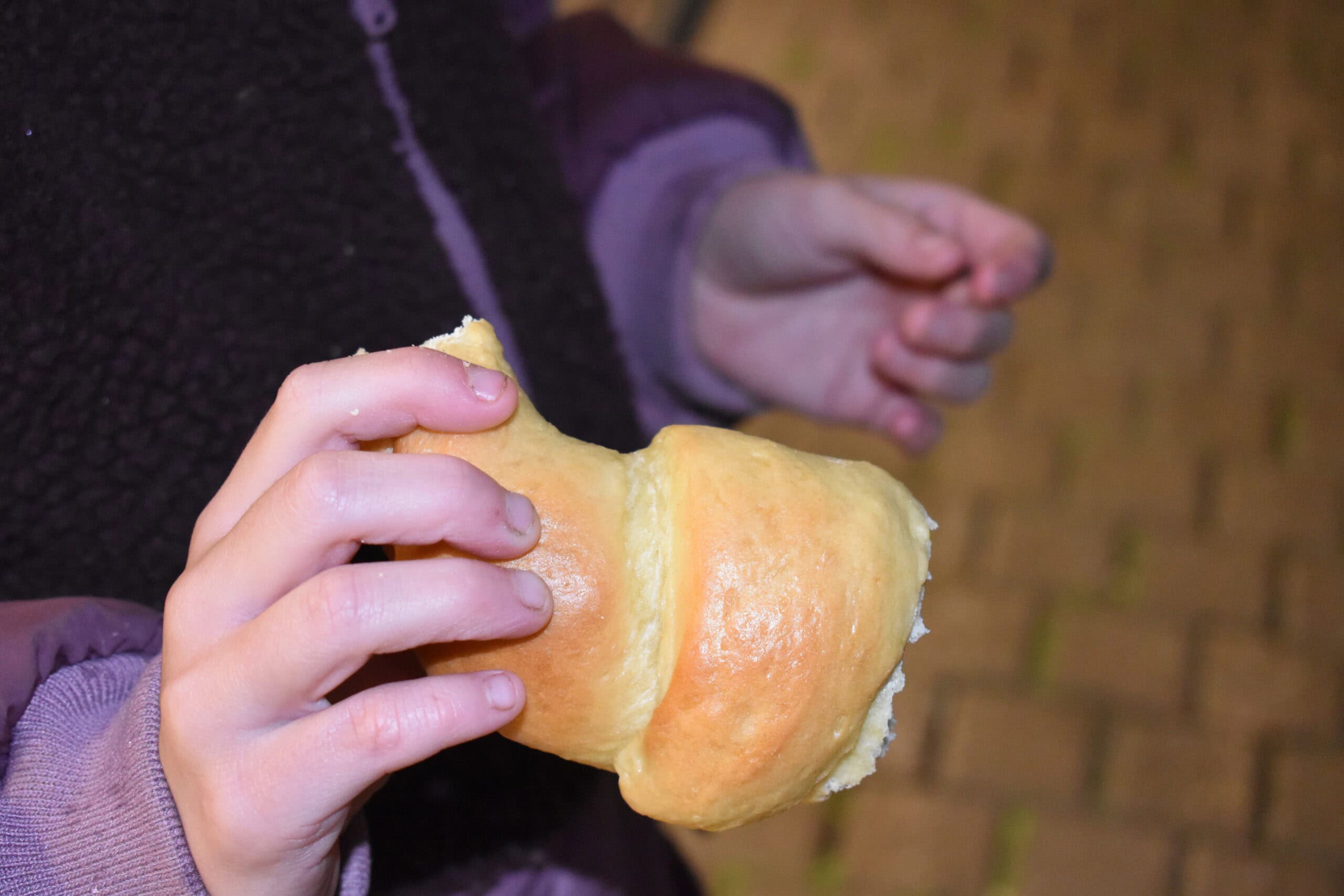 Ein Kind hält ein glänzendes, gebackenes Brötchen mit beiden Händen in einem lilafarbenen Mantel.